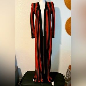 BALMAIN striped open-knit cardigan in black/orange/red.